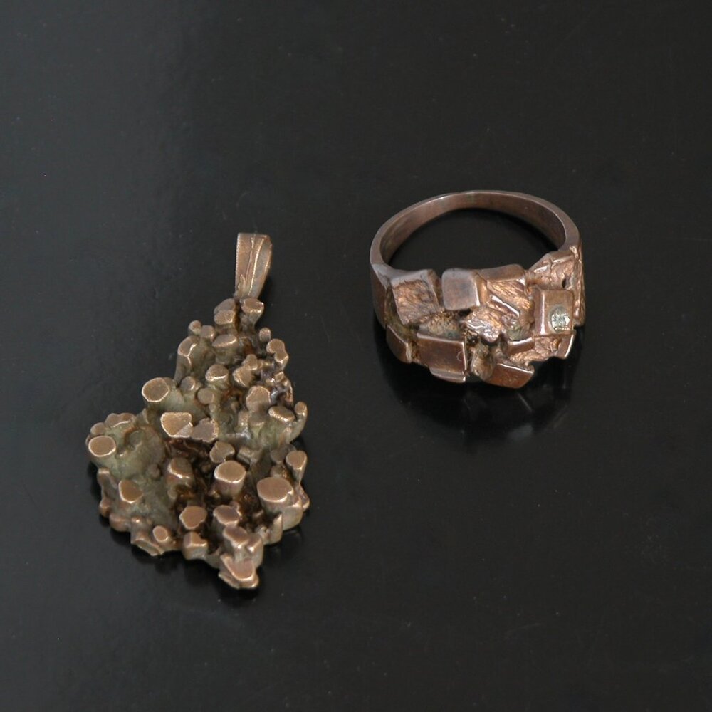 Vtg Mid Century Modernist Brutalist Bronze Nugget Necklace Pendant & Copper Ring - Picture 2 of 5